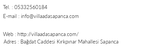 Villa Ada Sapanca telefon numaralar, faks, e-mail, posta adresi ve iletiim bilgileri